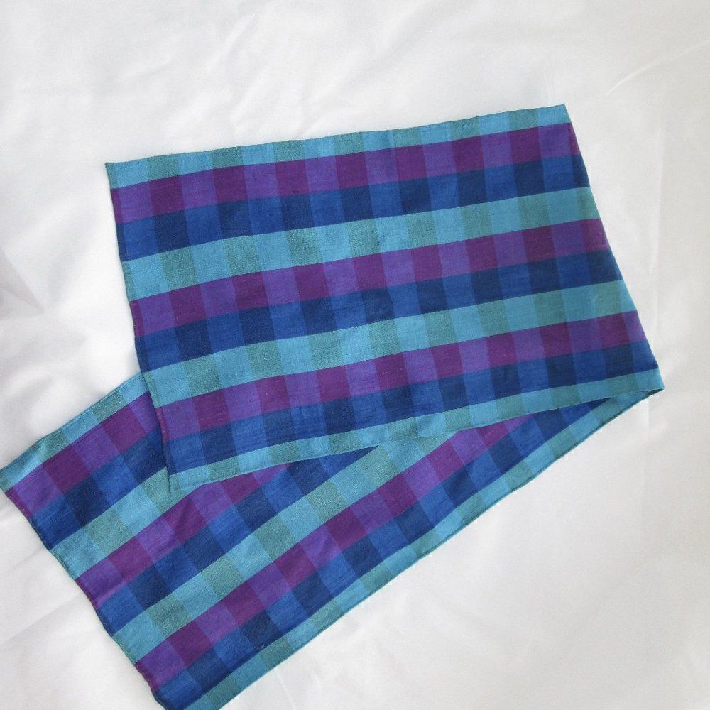 Vintage Blue grey hand loomed silk plaid scarf 20,5” x 72” double sided.